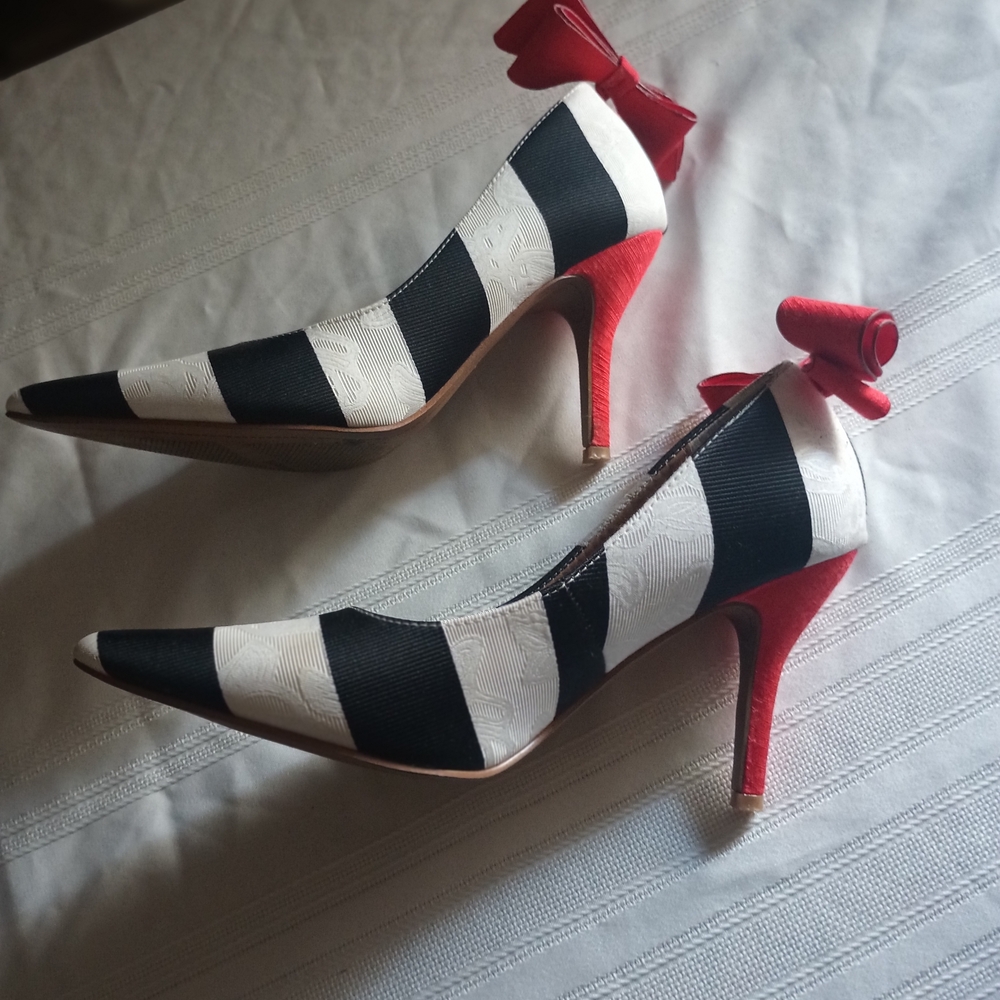 J.Renee Navy and White Striped Heels with Red Accents
